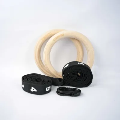 Manufacture Wholesale Smooth Finish Suspension Trainer Adjustable Gymnastic Ring with Straps Gym Wooden Ring