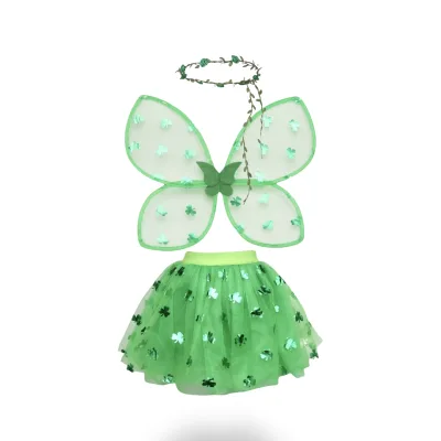 Factory Custom St Patric's Day Costume Green Flowers Garland Green Clover Gilded Mesh Fabric Wings and Tutu Skirt Set for Kids