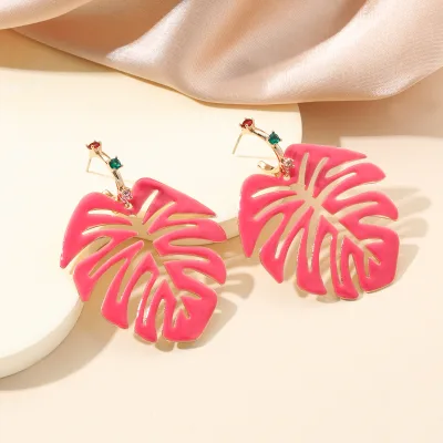 KITI Pink Monstera Leaf Earrings Tropical Vacation Style Earrings for Women Fashion Jewelry