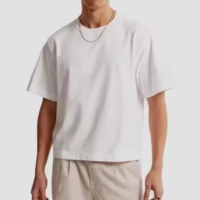 Oversized Boxy Fit White Crop T Shirt Customize Puff Print Cotton T-shirt for Men Cropped Length Heavyweight Blank Tshirt