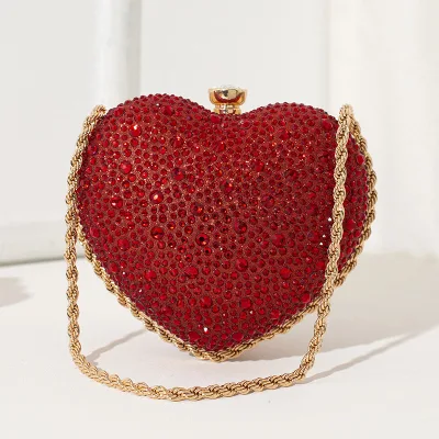 New Heart Luxury Evening Dinner Clutch Bag Water Droplet Diamond Wedding Party Handbag Peach Love Shaped Chain Crossbody Bag