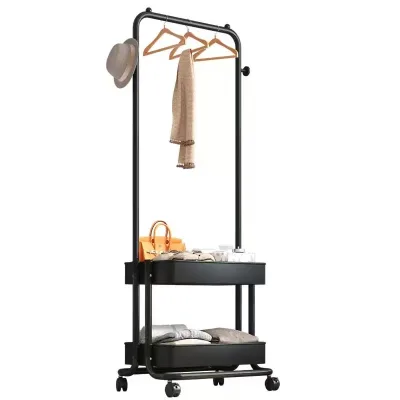 "Double-Tier Metal Floor-Standing Garment Rack with Wheels for Home Organization & Living Room Use"