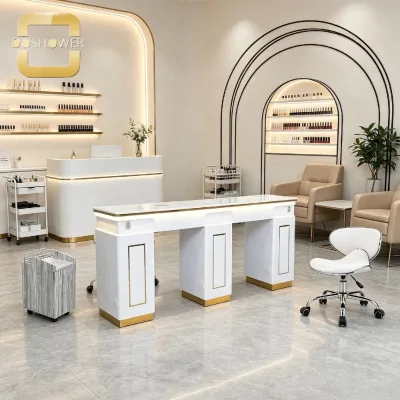 White Double Manicure Workstation with Metal Gold Accent Trim and Multi Compartment Storage for Luxury Nail Studio