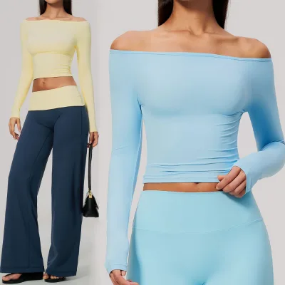 Bnice 4560 Off Shoulder Long Sleeve Yoga Crop Top Buttery Soft Stretchy Slim Workout Shirt Wide Legging Pants for Gym Daily Wear