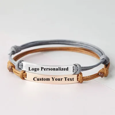Engraving Personalized Logo Bracelet Stainless Steel Bar Charm Adjustable Cord Bracelet