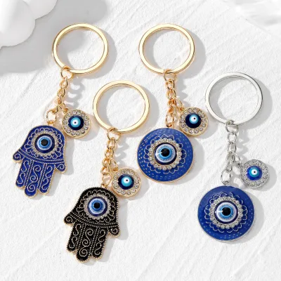 Gold Plated Blue Evil Eyes Keychain Crystal Rhinestone Enamel Evil Eye Keychain for Women Good Luck Charms Earphone case Pendant