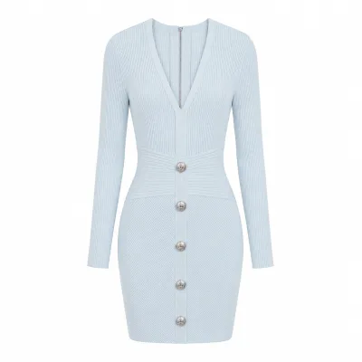 Custom Womens Light Blue Ribbed Knit Mini Dress Deep V Neck Long Sleeve Button Detail OEM ODM