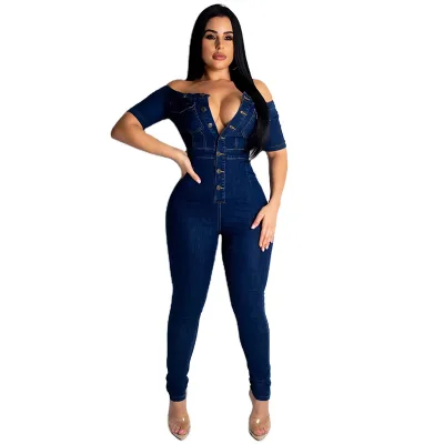 Custom Women's Sexy Off-Shoulder Denim Rompers Skinny Long Jumpsuits Club Party Summer Street Wear Rompers Girl Bodycon Jumpsuit