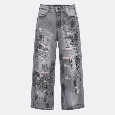 DIZNEW Printed Jeans Grey Washed Baroque Circuit Dual Zone Print Pixel Glitch Art Heavy Rip Raw Hem Patch Label Embroidery OEM
