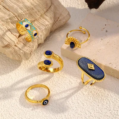 Vintage 18K Gold Plated Inlay Lapis Lazuli Women's Statement Ring Geometric Shape Open Ring Ins Style Stainless Steel Jewelry