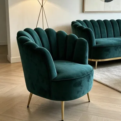 Emerald Green Velvet Petal Back Accent Chair with Gold Metal Legs, Luxury Shell Armchair for Living Room, Hotel & Wedding