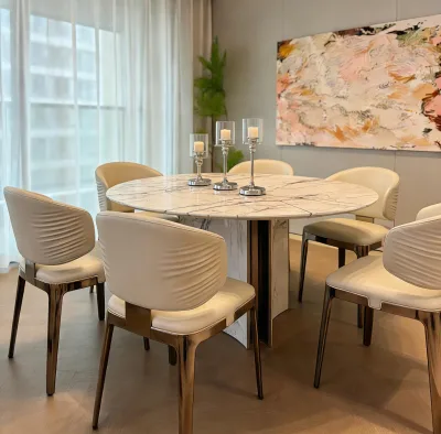 Modern Natural White Grey Marble Round Extendable Dining Table For Small To Large Family