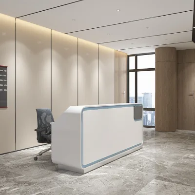 Modern Minimalist White Front Panel Reception Desk With Blue Frame for Office Hotel Company Hospital Entrance to Greet Customers