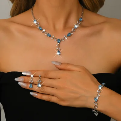 Wholesale Fashion Versatile Leaf-Shaped Zircon Jewelry Set for Women Elegant Minimalist CZ Earrings & Necklace Bracelet Set