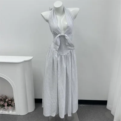 French Elegance Boning Corset Sexy Backless Parisian Style Chic Halter V-Neck Dress Sleeveless Bowknot Maxi Dress