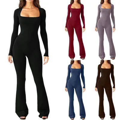 Women's European American Style Long Sleeve Square Neck High Waist Tummy Control Butt Lifting Wide Leg High Stretch Jumpsuit