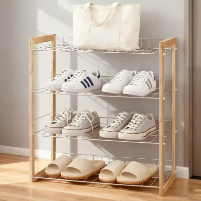 Modern Four-layer Foldable Shoe Rack Large-capacity Dust-proof Storage Bamboo Metal Multi-layer Shoe Stand for Living Room