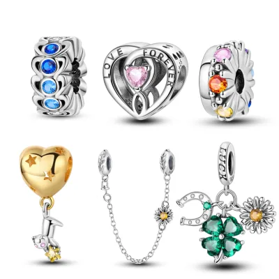 925 Sterling Silver Opal Elves Fairies Heart Clover Flower Shape Pendant Heart Bracelet Charms Fit Orignal DIY Bracelet Charms