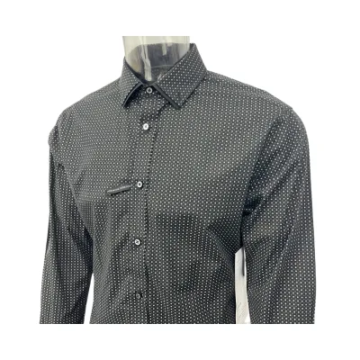 97/3 Cotton Elastic Printing Neck Rolling Black Long Sleeve Plus Size Dress Shirt Men's Casual Shirt