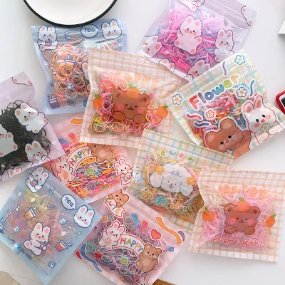 200pcs Bag of Cute Ice Cream Color High Stretch Small Children's Braided Disposable Rubber Band Hair Accessories