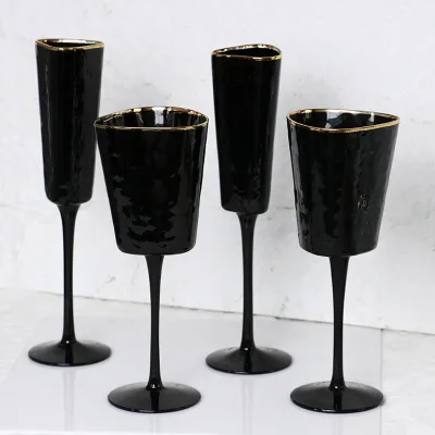 High Quality Customized Wine Glasses with Gold Rim Triangle Design Best Price Strong Black Glass Cups with Personalized Designs