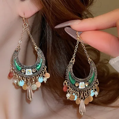 Bohemian Moon Sequins Tassel Earrings Colorful Ethnic Erring for Women Fashion Statement