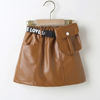 2-7Years Toddler Baby Girls Leather Skirt PU Bodycon Short Skirts with Purse M3245