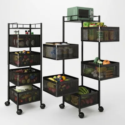 Modern Black Rotatable Storage Rack Rolling Vegetable Basket Cart for Kitchen Pantry Balcony Daily Storage
