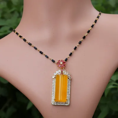 Rectangle Shape Chalcedony Necklaces Pendant Yellow Jade With Zircon Gemstone Charms