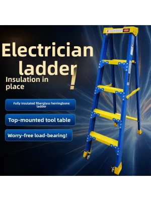 Fully Insulated Fiberglass Herringbone Ladder with Wheels,Top Mounted Tool Table for Electricians Non Conductive Industrial Use