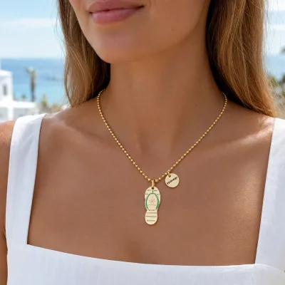 Summer Flip Flop Pendant Necklace Gold Plated Stainless Steel Beaded Chain Beach Jewelry for Women Wholesale