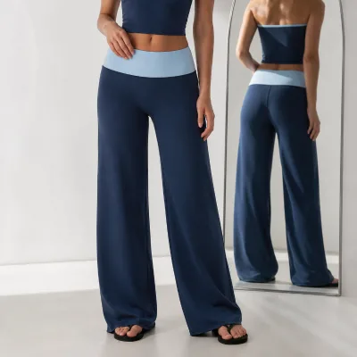 Women Contrast Waist High Rise Skin-friendly Wide Leg Trousers Tummy Control Workout Casual Pants Athleisure Streetwear Bottoms