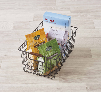Home Kitchen Storage Metal Basket Sand White and Brown Wire with Wood Handle Square Shape