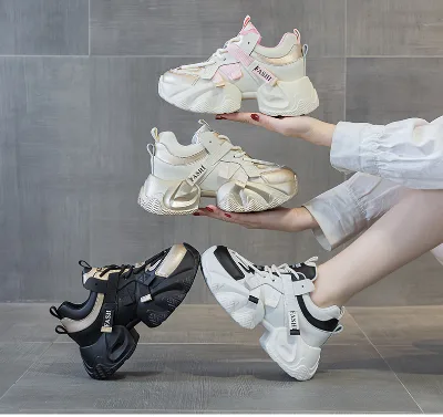 Wholesale Genuine Leather Sports Women's Shoes for Spring and Summer Thick Soled Inner Height Increasing Sport and Leisure Shoes