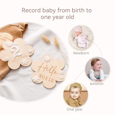 Baby 1-12 Months Wooden Flower-Shaped Milestone Signs & Monthly Cards Memorial Photo Prop for Boys and Girls