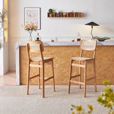 Household Solid Wood Rattan bar Stools, Simple and Modern Backrest High Stools, Commercial bar Stools