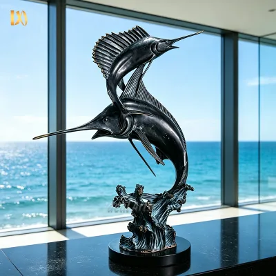 Life-Size Bronze Double Sailfish & Marlin Sculpture with Ocean Wave Base