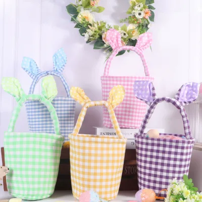 New Easter-themed Setup, Cute Bunny Ear Plaid Basket, for Storing Easter Eggs, Candies, and Gifts, with Handle