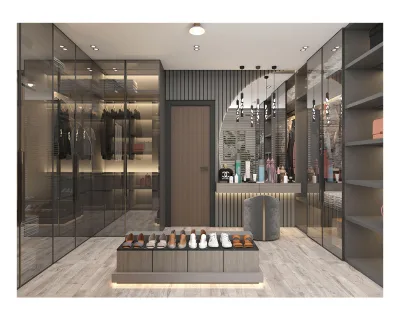 Custom Neutral Tone Makeup Station Shoe Display Island Walk-in Closet Storage System Floor-to-ceiling Glass Wardrobe