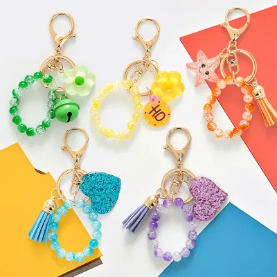 Sparkling Acrylic Heart Keychain Glitter Beaded Flower Charms Bell Tassel Cute Acrylic Bag Charm Jewelry Accessories for Women