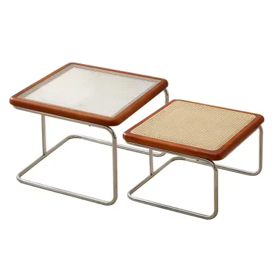 Vintage Style Durable Wabi-sabi Japanese Light Luxury Home Small Apartment Rattan Mother Child Coffee Table with Glass Top