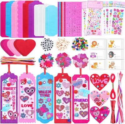 36 Sets Valentines Day Crafts DIY Felt Valentine Bookmarks Kits with Googly Eyes Pom-poms Hearts Stickers