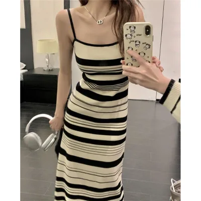Color Contrast Knitted Stripe Slim-fit Cami Dress Sheath Dress Shift Dress