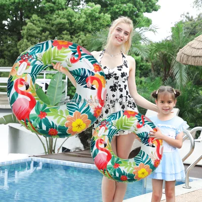 Custom Design Inflatable Swim Ring Tube Flamingo Leaf Flower Pattern with Handles PVC Swimming Rings for Beach Party