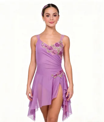 Women Spaghetti Strap Contemporary Dance Costume Purple Floral Applique Mesh Skirt Lyrical Ballet Competition Performance Dress