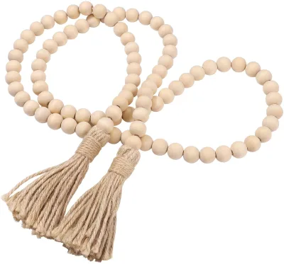 Wood Bead Garland Farmhouse Rustic Country Beads with Tassels Wall Hanging Decorations Home Christmas Tree Decoration