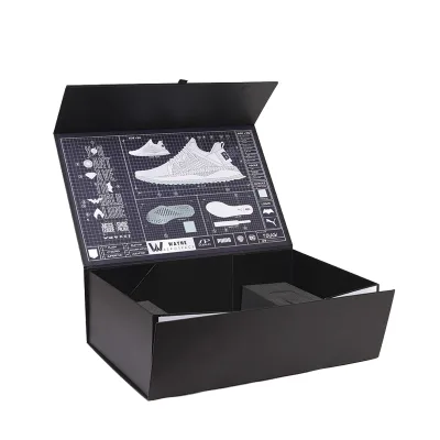 Premium Magnetic Closure Shoe Box Luxury Black Cardboard Rigid Packaging Rigid Luxury Black Cardboard Magnetic Folding Shoe Box