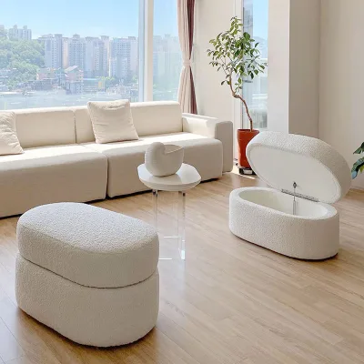 Modern Living Room Furniture Lamb Wool Chair Round Shoe Stool Dressing Room Bench Long Ottoman with Storage