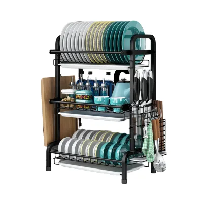 Hot Selling Multi-purpose Three-layer Metal Iron Classic Non-folding Standing Multifunction Kitchen Storage Rack for Bowls