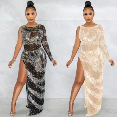 Custom Women One Shoulder Long Sleeve Rhinestone Mesh Maxi Dress High Side Split See Through Bodycon Evening Club Party Gown